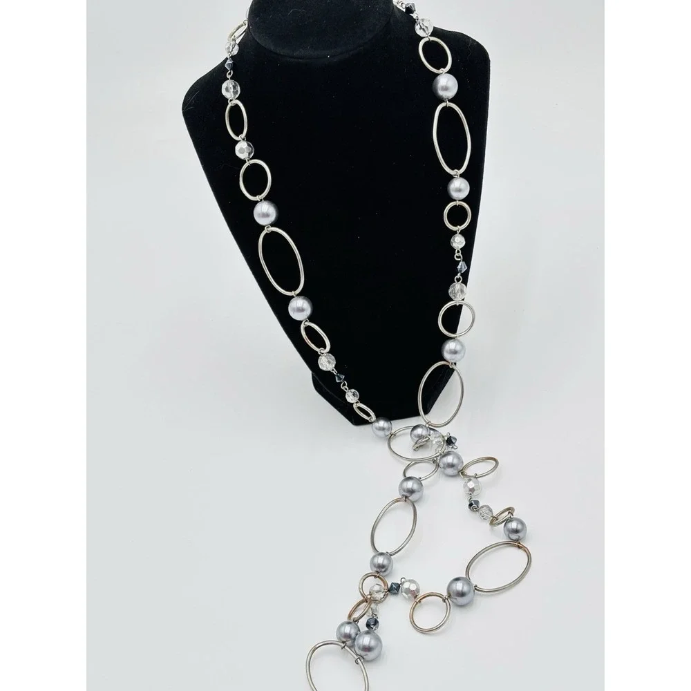 Lia Sophia Long Statement‎ Necklace Silver Tone Faux Pearl Beaded 30
